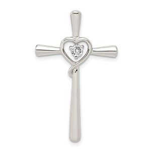 925 Sterling Silver Rhodium-plated CZ in Heart Cross Necklace Charm Pendant